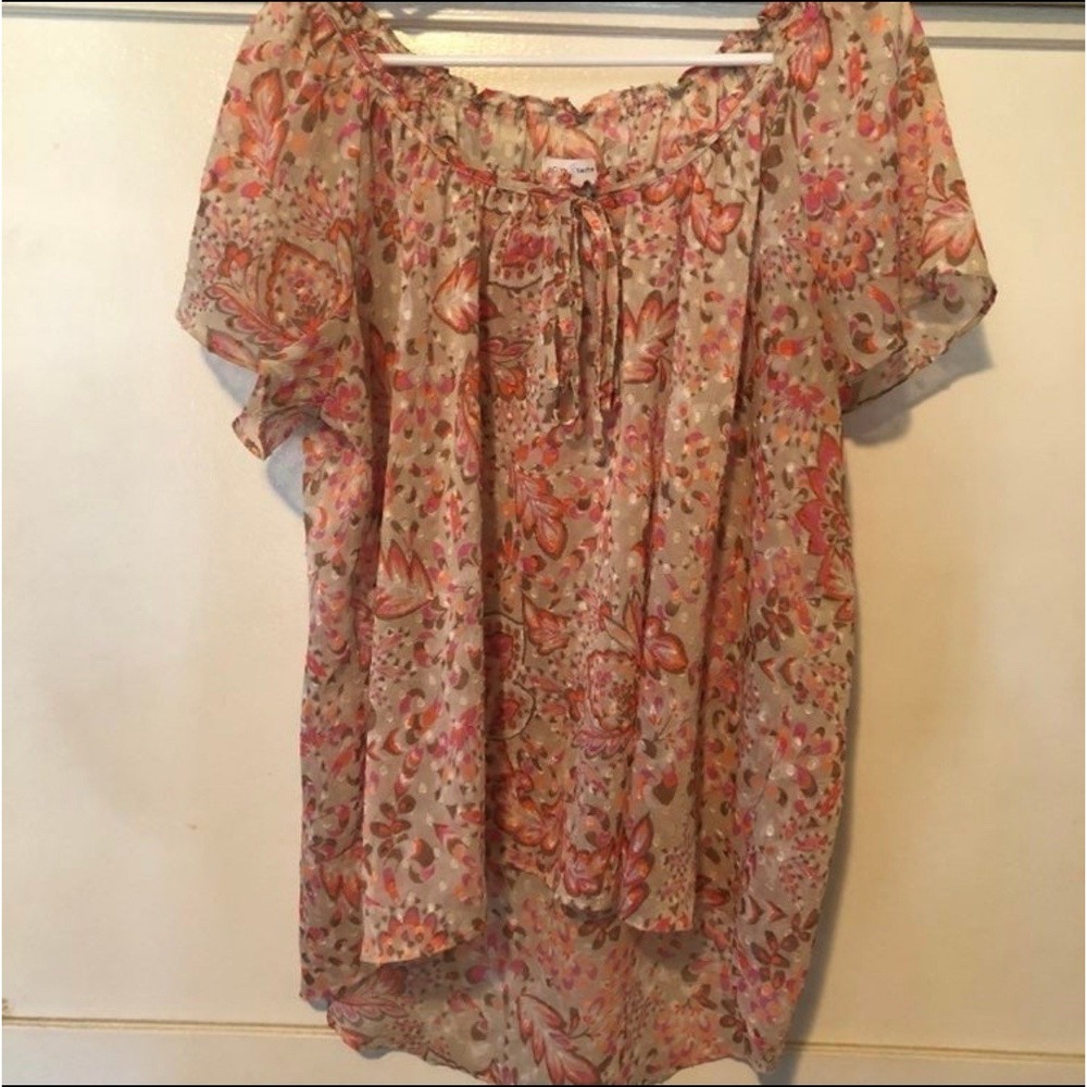 Jaclyn Smith Women's Large Sheer‎ Peach Floral High Low Blouse Layering Blouse